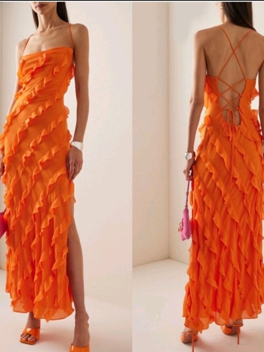 Staud Ruffled Slip Dress with Lace-Up Back NWT Nectarine